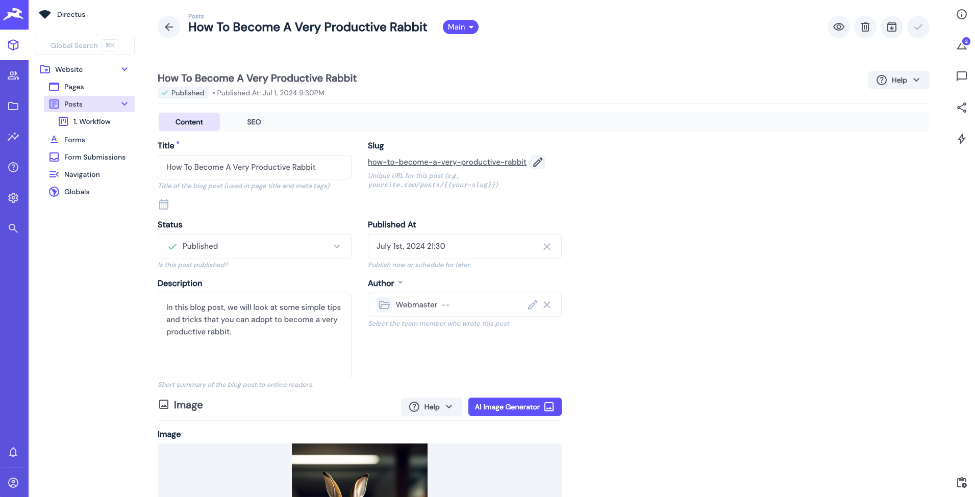 Fields of the pre-populated posts from the Directus CMS template